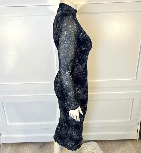 Forever 21 Bodycon Dress Womens M Asian Print Stretch Long Sleeve Mesh Mock Neck - Picture 5 of 14